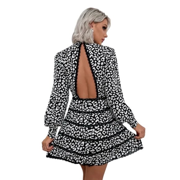 Eilly Bazar Animal Print High Neck Long Sleeve Lace Tiered Open Back Dress, NWT - Picture 2 of 11